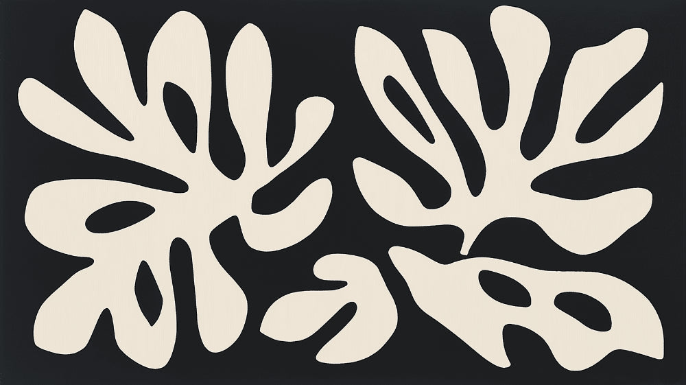 Black and white abstract leaf pattern design file showing detailed Matisse-inspired botanical forms