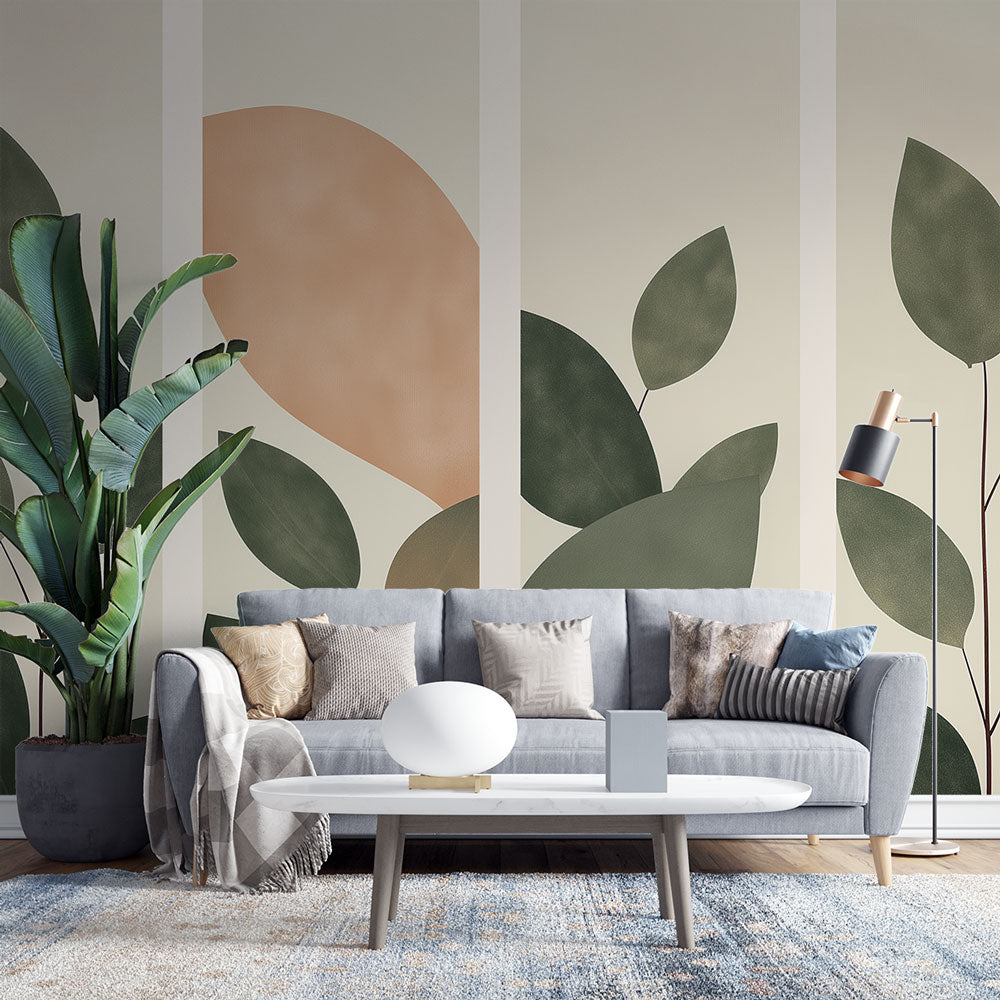 Modern botanical wallpaper with abstract green leaves creating a calm atmosphere in a bright Scandinavian living room