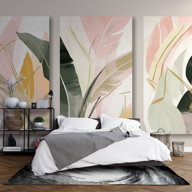 Tropical leaf wallpaper with gold accents in modern living room, creating fresh and elegant atmosphere