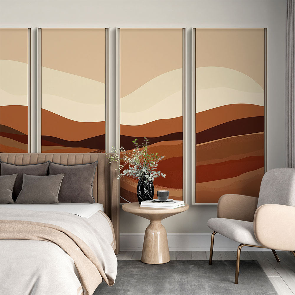Modern Abstract Desert Landscape Wallpaper showcased in a minimalist living room with natural light and earth-toned furniture