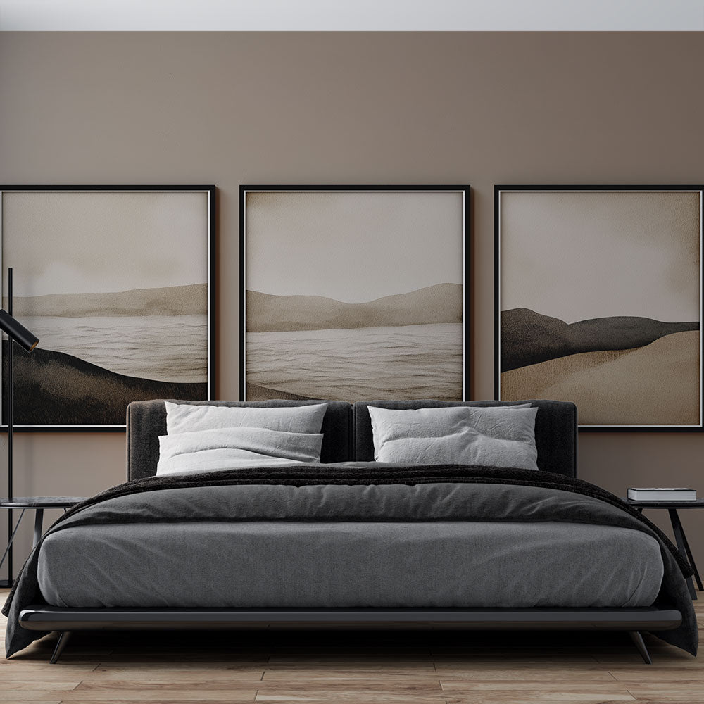 Modern living room featuring Abstract Desert Landscape Wallpaper, showing warm beige tones creating a serene atmosphere