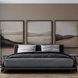 Modern living room featuring Abstract Desert Landscape Wallpaper, showing warm beige tones creating a serene atmosphere
