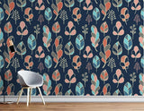 Botanical Mural Wallpaper | Modern Feather Pattern in Navy and Coral