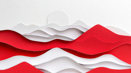 Abstract mountain wallpaper with red waves creating dramatic effect in modern minimalist living room