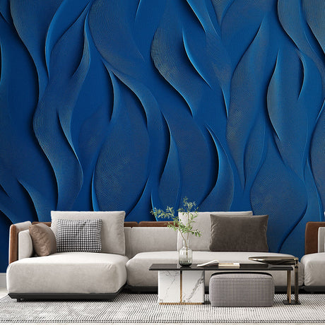 Modern blue wave wallpaper creating depth in a minimalist living room with natural lighting