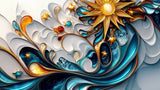 3D Celestial Abstract Wallpaper design file showing detailed gold and turquoise pattern with flowing curves
