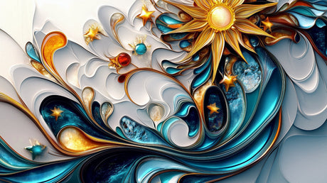 3D Celestial Abstract Wallpaper design file showing detailed gold and turquoise pattern with flowing curves