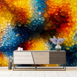 Modern abstract 3D circular wallpaper creating depth in a bright contemporary living room with minimal furniture
