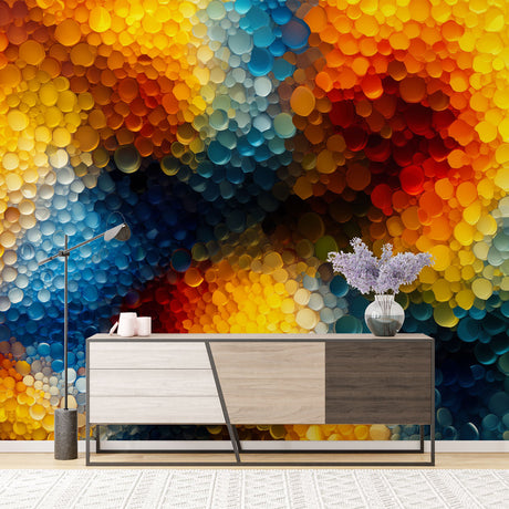 Modern abstract 3D circular wallpaper creating depth in a bright contemporary living room with minimal furniture
