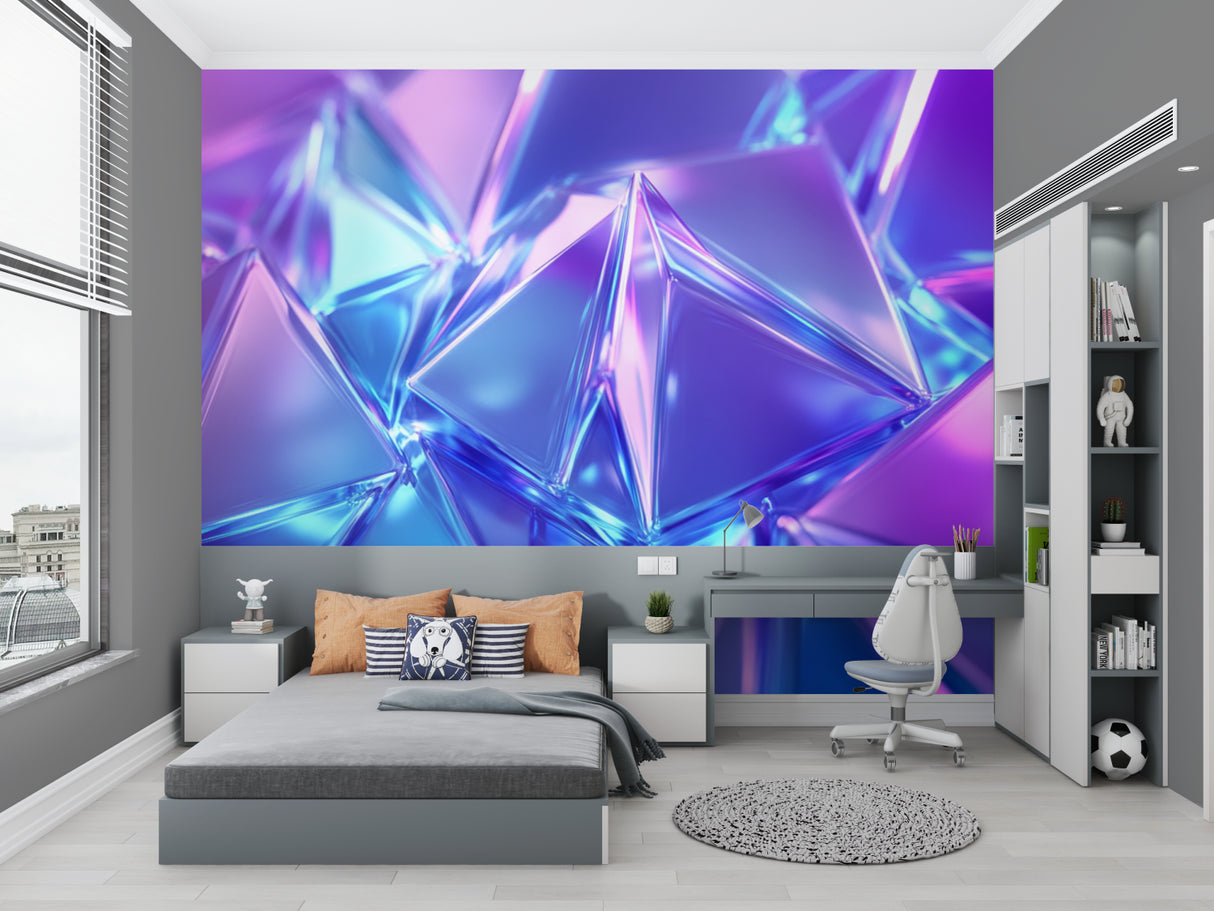 Modern living room with 3D crystal neon wallpaper creating depth and visual interest