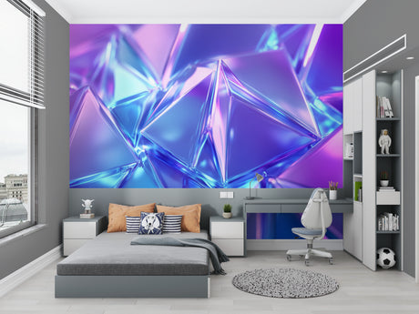 Modern living room with 3D crystal neon wallpaper creating depth and visual interest