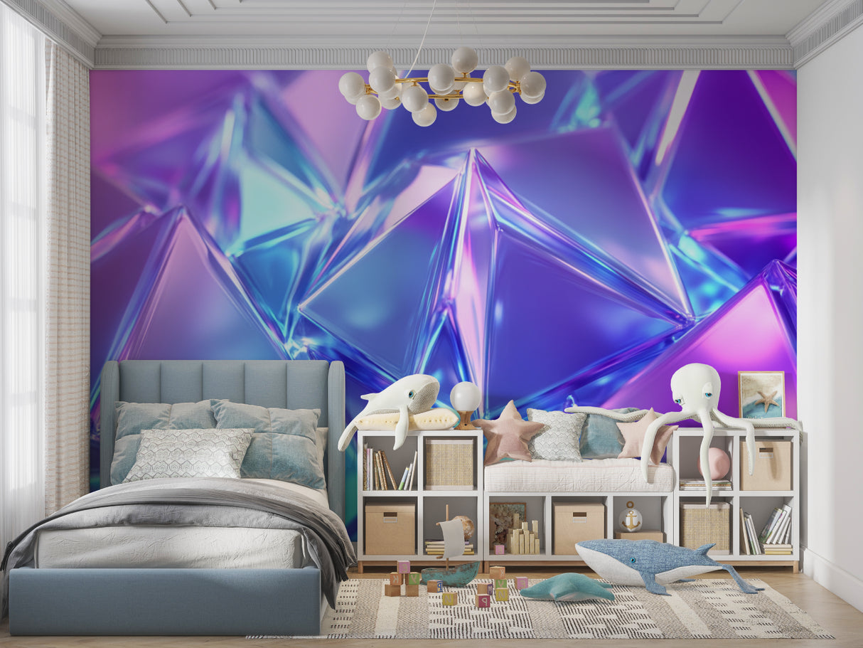 Home office featuring geometric neon abstract wallpaper with crystal patterns