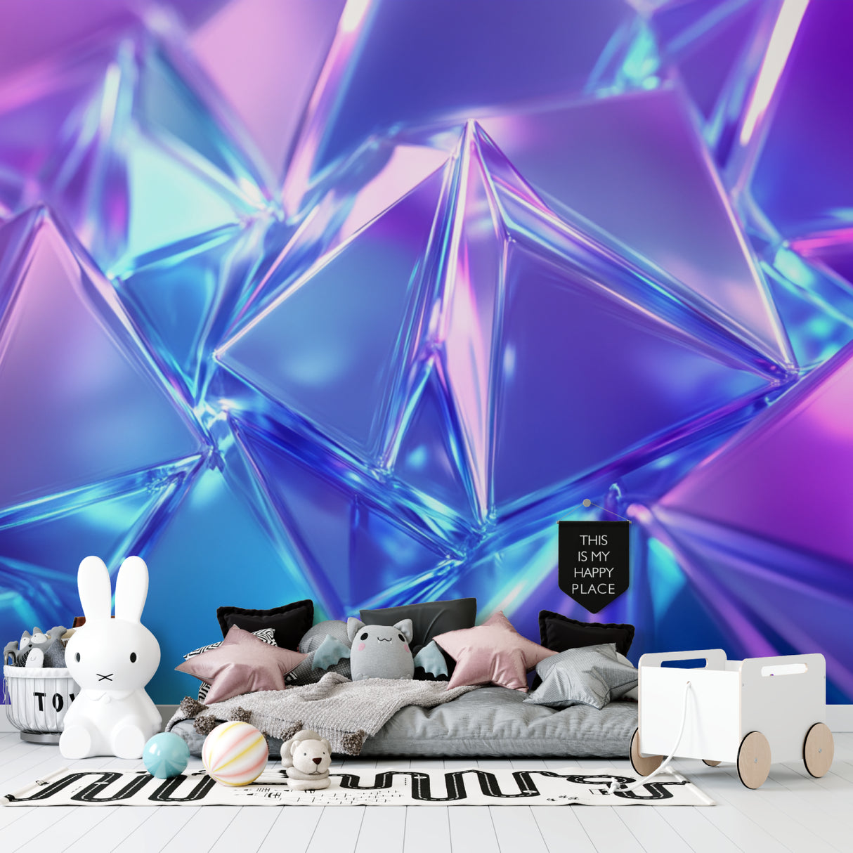 Gaming room with 3D geometric crystal wallpaper in vibrant neon colors