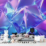Gaming room with 3D geometric crystal wallpaper in vibrant neon colors