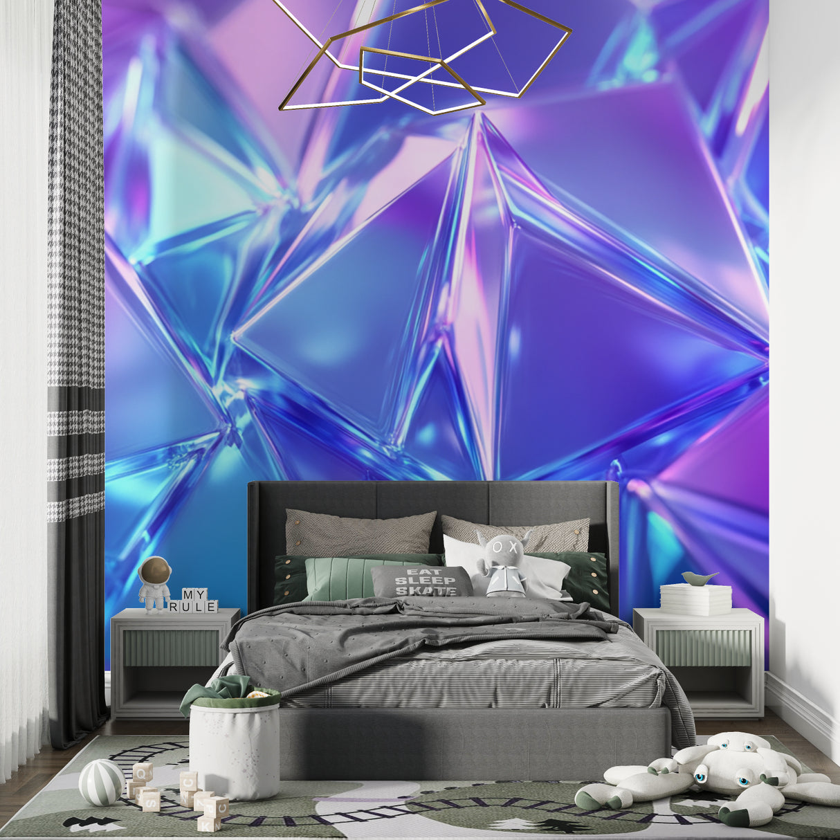 Modern bedroom with abstract crystal wallpaper creating a glowing atmosphere