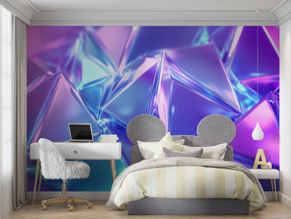 Contemporary lounge with 3D neon geometric wallpaper making a statement