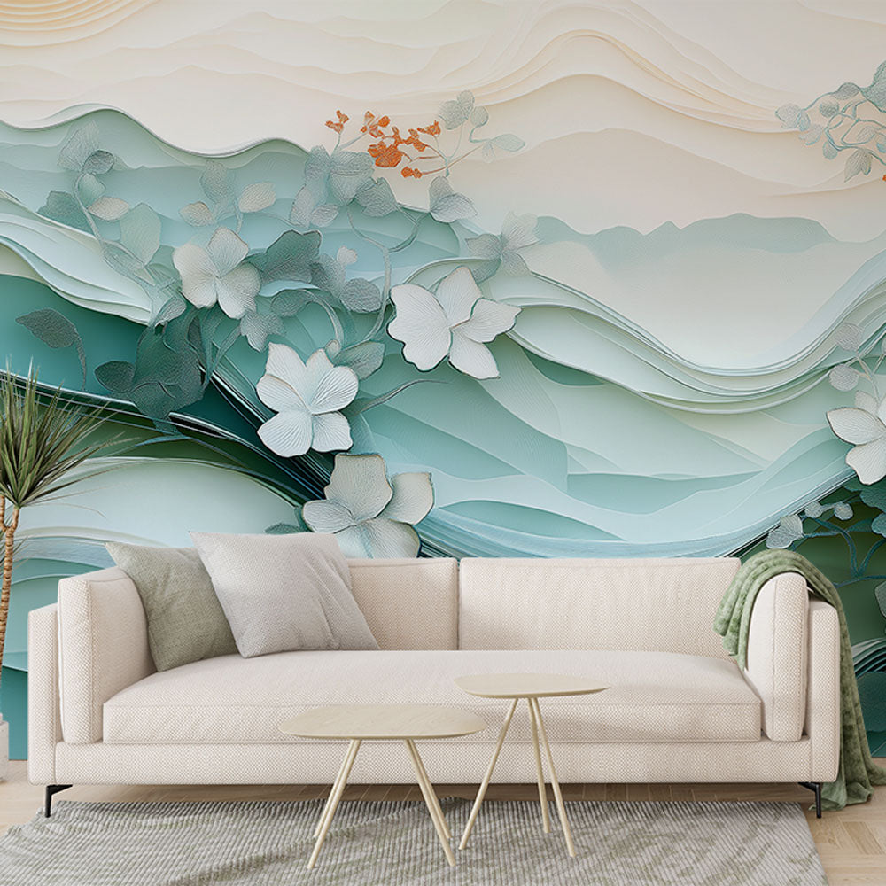 Mint green 3D floral wave wallpaper creating depth in a modern living room with natural lighting