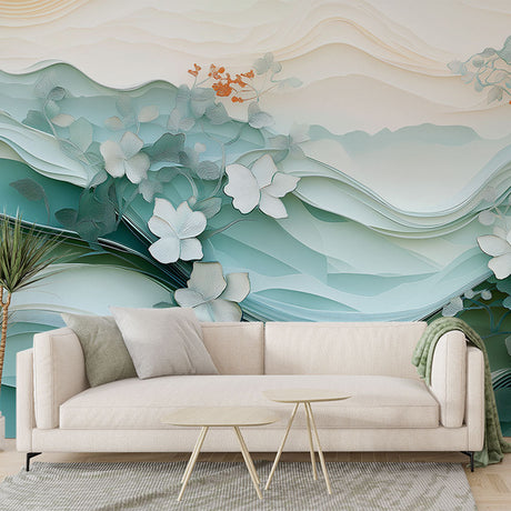 Mint green 3D floral wave wallpaper creating depth in a modern living room with natural lighting