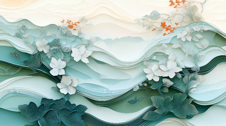 Abstract mint green floral waves pattern design file showing detailed 3D effect and copper accents