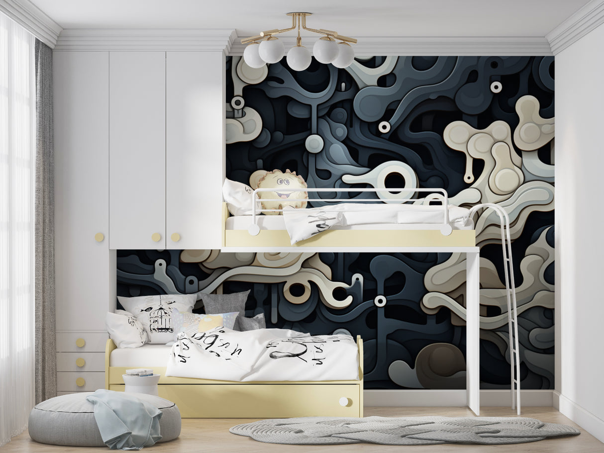 Home office featuring black and beige abstract wall mural with flowing curves