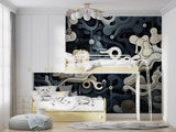 Home office featuring black and beige abstract wall mural with flowing curves