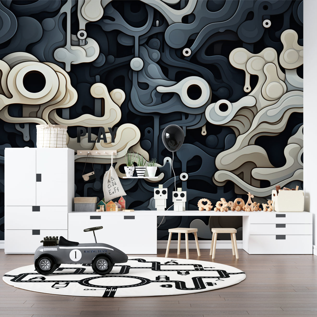 Bedroom showcasing 3D abstract wallpaper in sophisticated black and beige tones