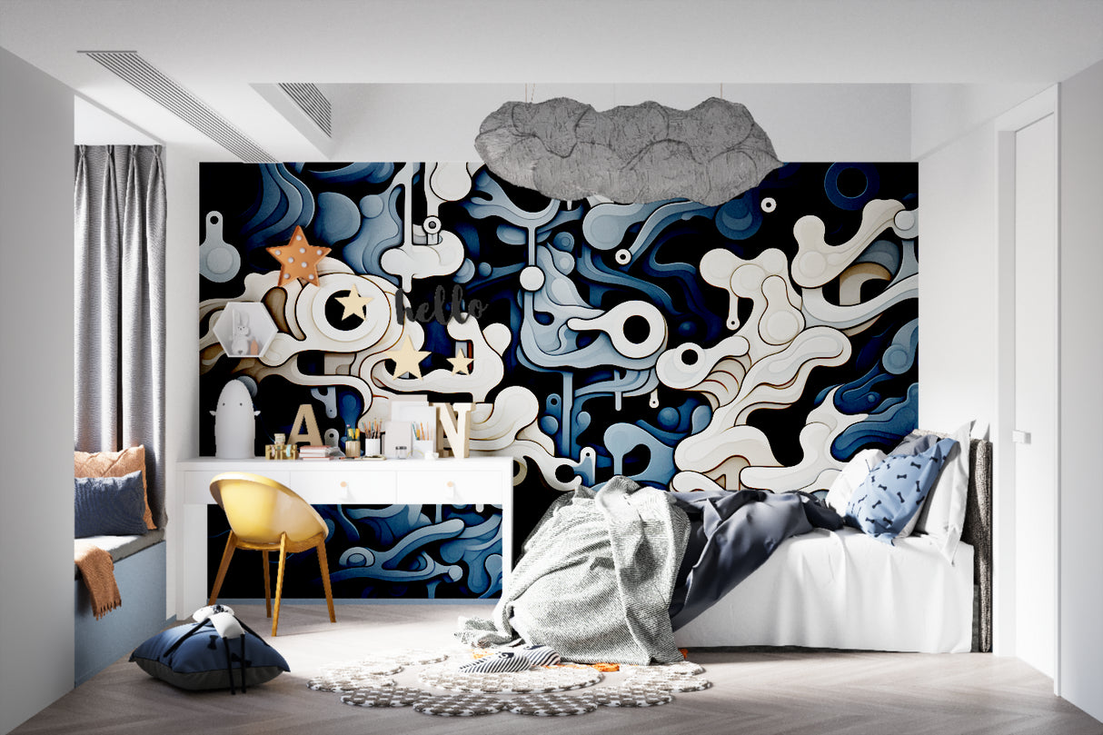 Modern hallway with geometric abstract mural creating visual interest