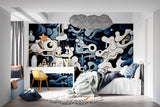 Modern hallway with geometric abstract mural creating visual interest