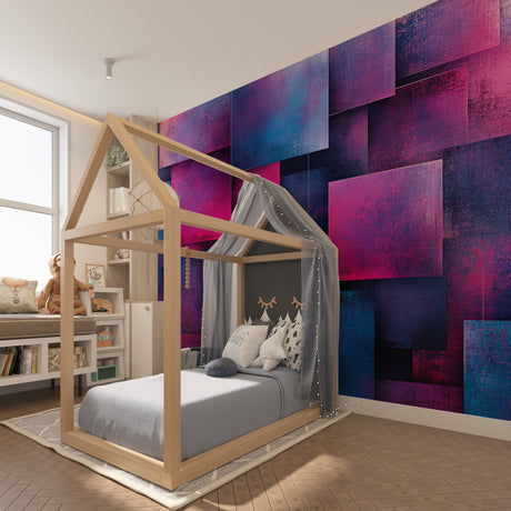 3D geometric wallpaper creating depth in modern living room with purple and blue floating squares