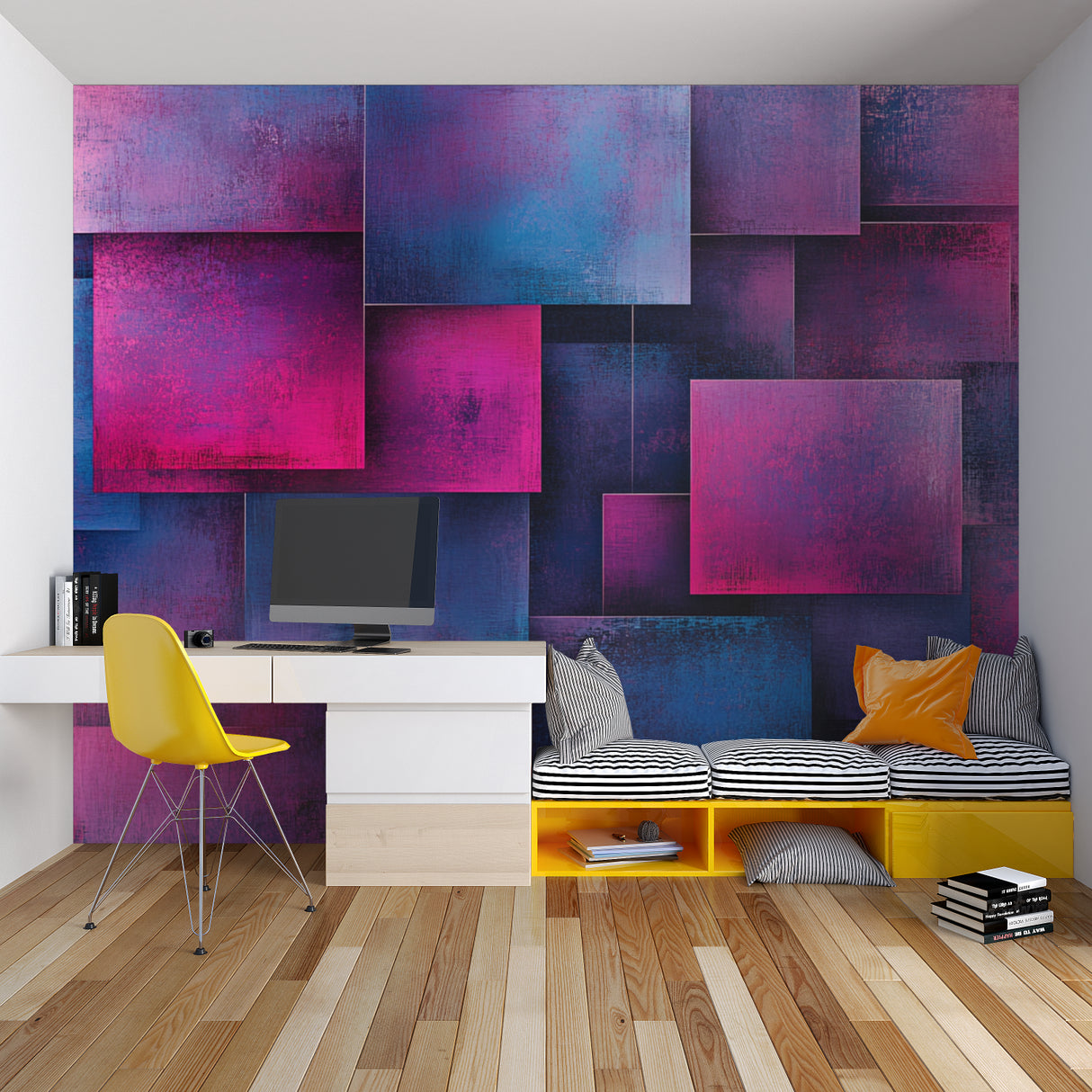 Abstract geometric wall mural in minimalist home office showing dimensional effect