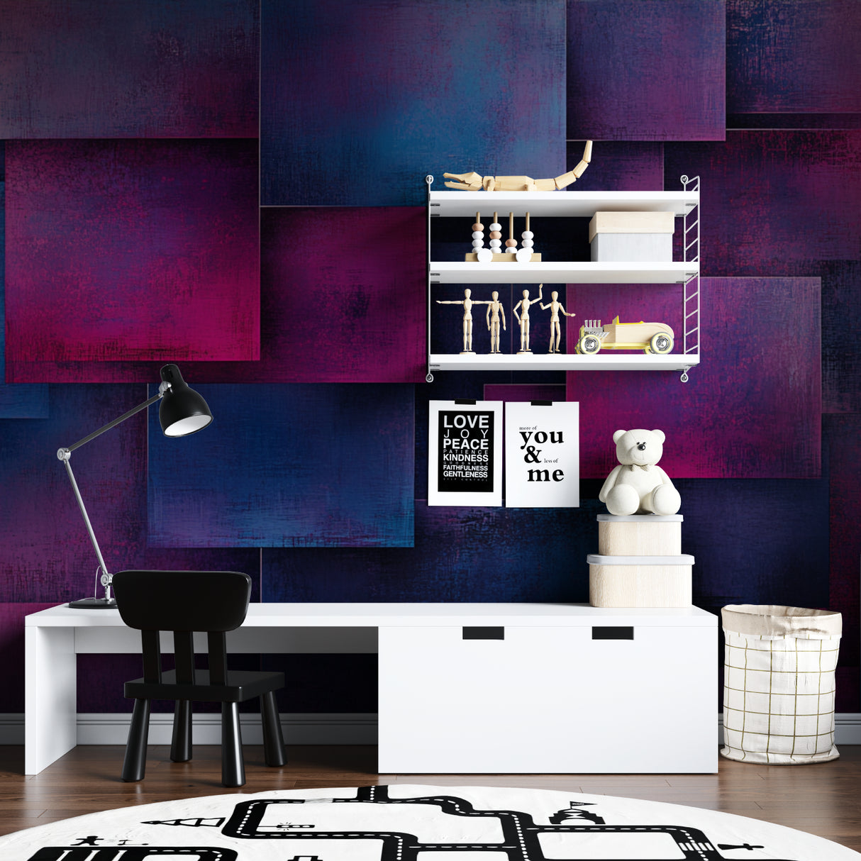 Purple and blue 3D geometric pattern wallpaper in teen bedroom setting