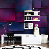 Purple and blue 3D geometric pattern wallpaper in teen bedroom setting