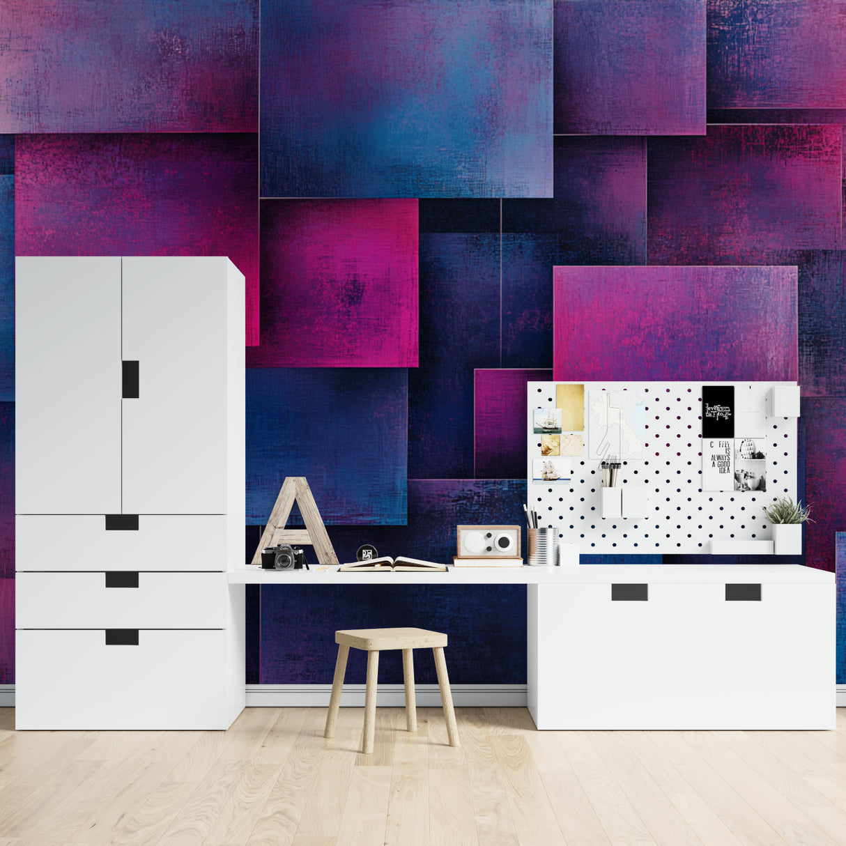 Modern geometric wallpaper installation in contemporary dining room