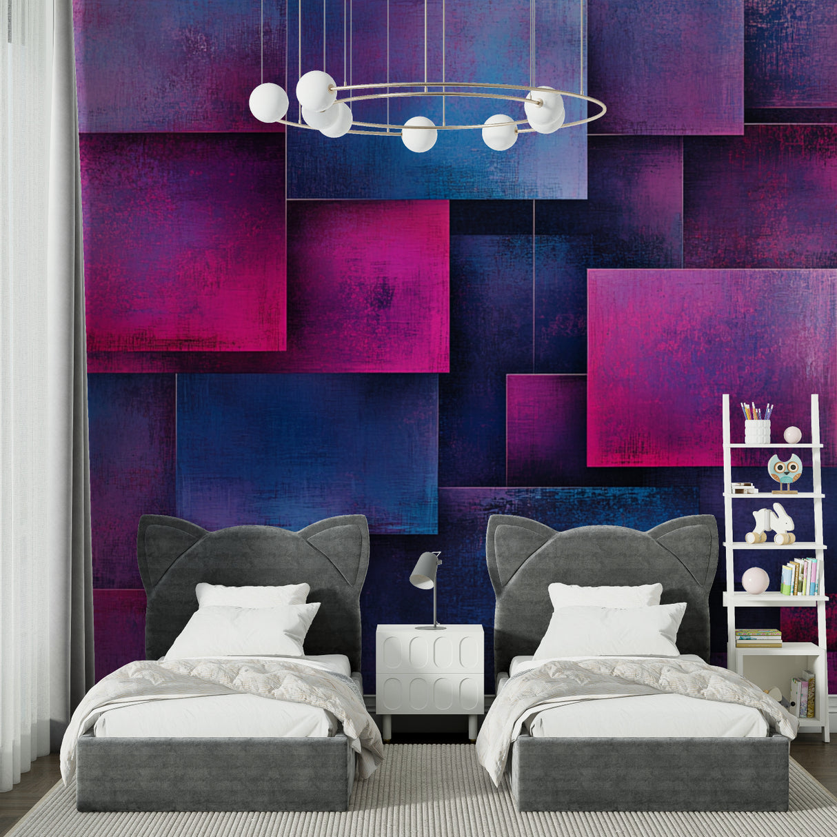 Abstract wall mural showing scale in open-plan living space