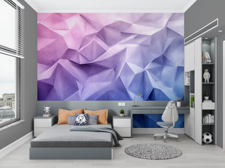 Modern 3D geometric wallpaper creating depth in a minimalist living room with purple and blue tones
