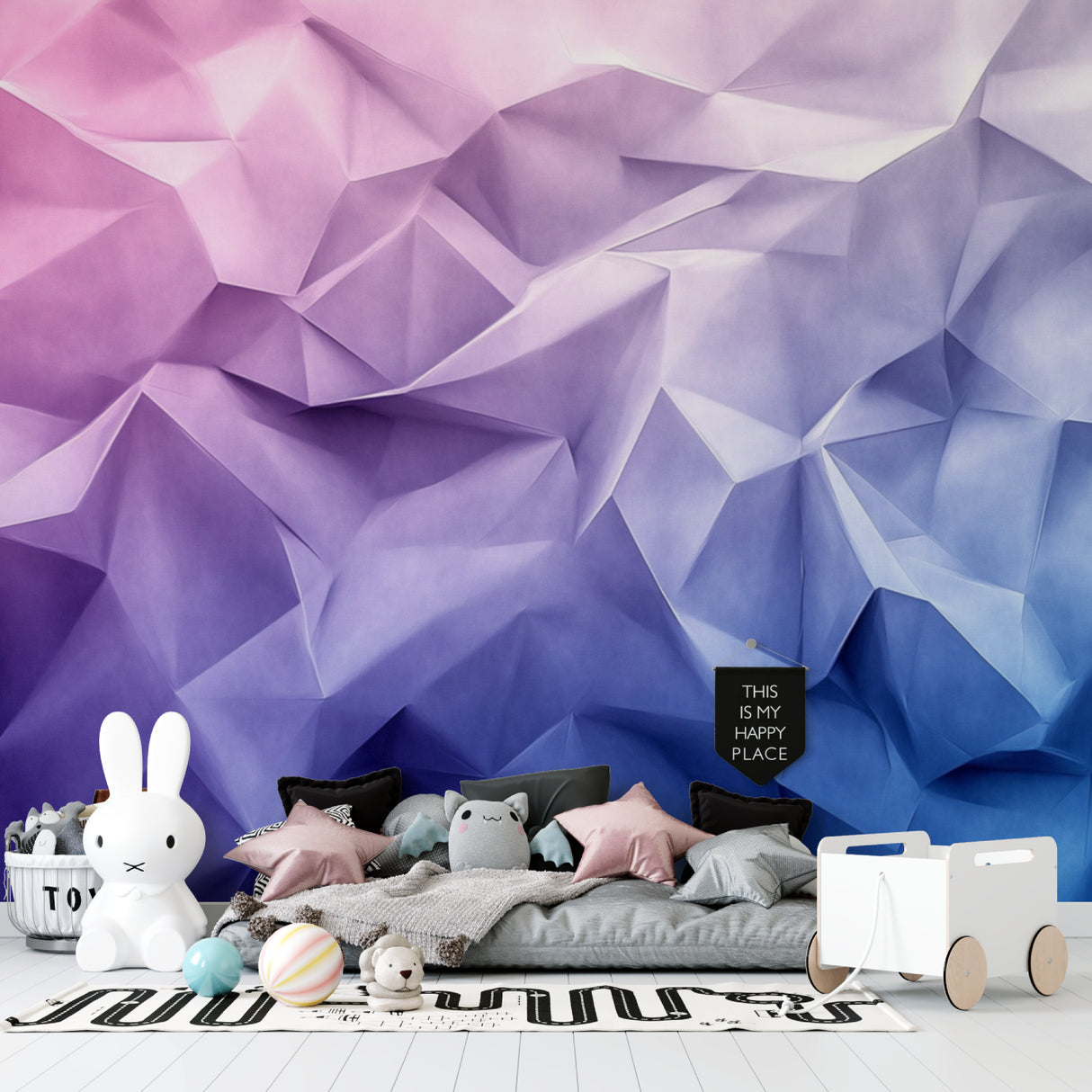 3D geometric pattern wallpaper transforming a modern bedroom with purple and blue design
