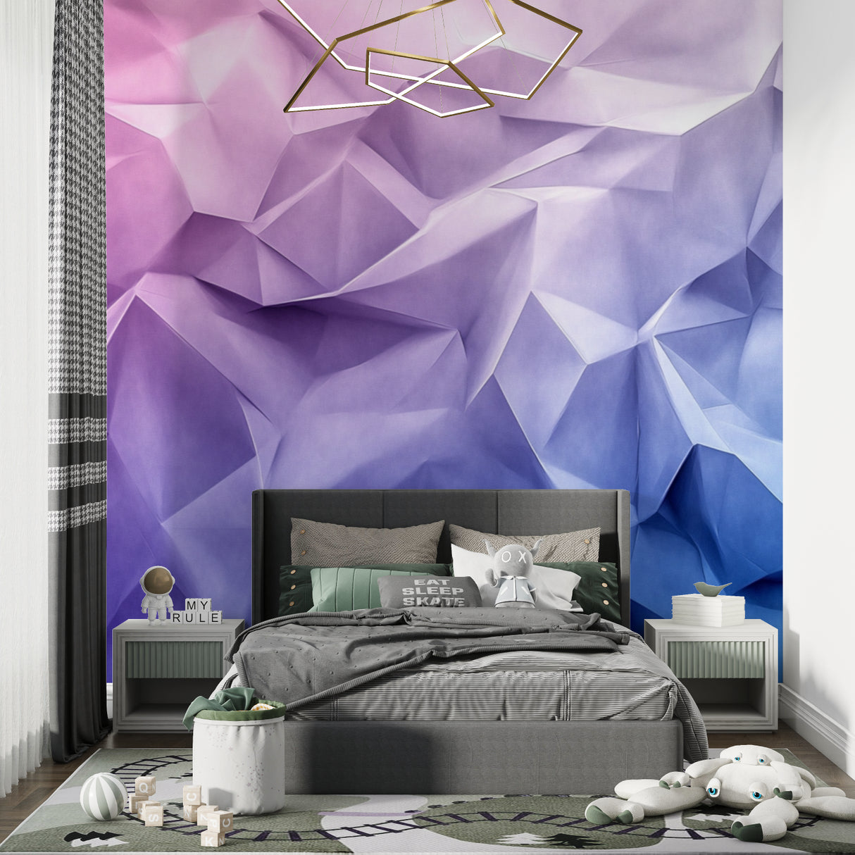 Geometric purple and blue wallpaper creating depth in a stylish dining room setting
