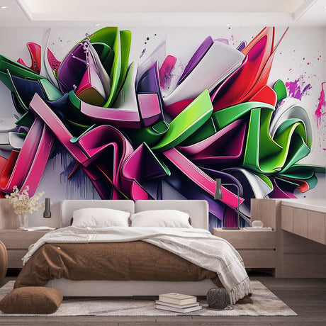 Modern 3D graffiti art wallpaper creating depth in a stylish living room with contemporary furniture and natural lighting