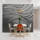 Modern living room with 3D silver wave wallpaper creating depth and movement on feature wall