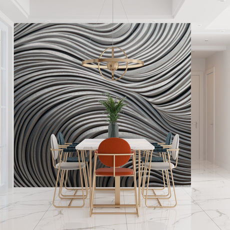 Modern living room with 3D silver wave wallpaper creating depth and movement on feature wall