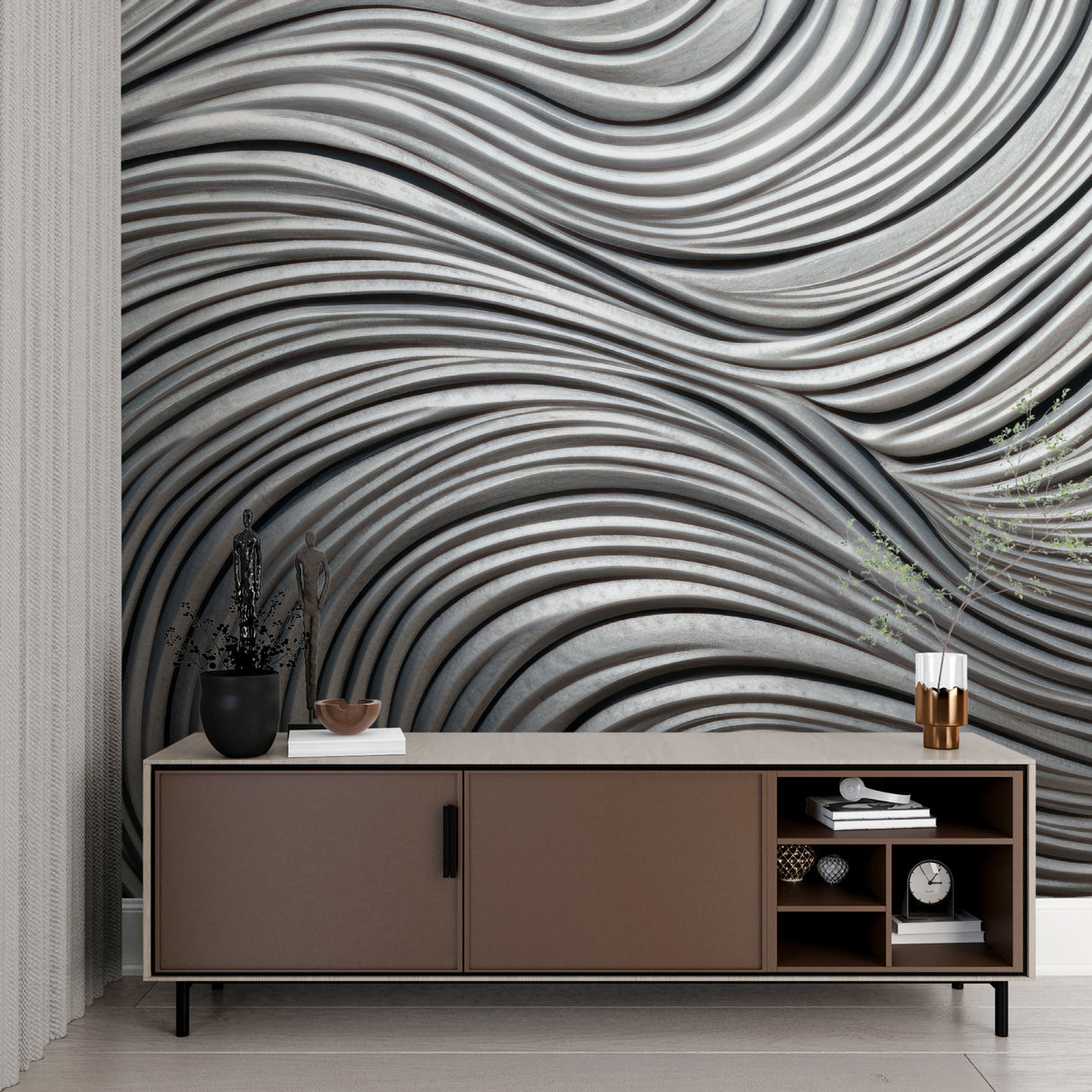 Dining room showcasing metallic wave pattern wallpaper in natural lighting