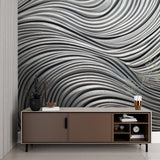 Dining room showcasing metallic wave pattern wallpaper in natural lighting