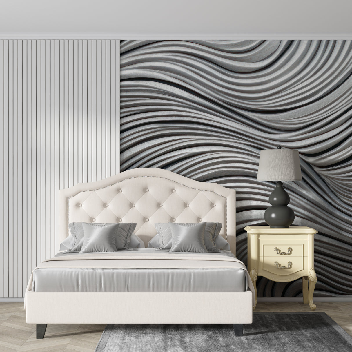 Home office with silver 3D wave wallpaper making space feel larger