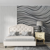 Home office with silver 3D wave wallpaper making space feel larger