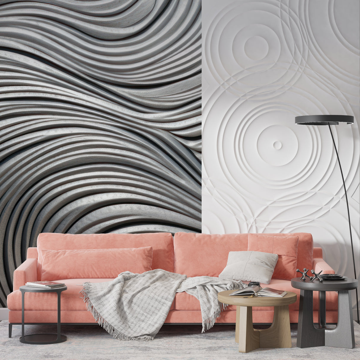 Bedroom featuring abstract silver wave wallpaper creating calm atmosphere