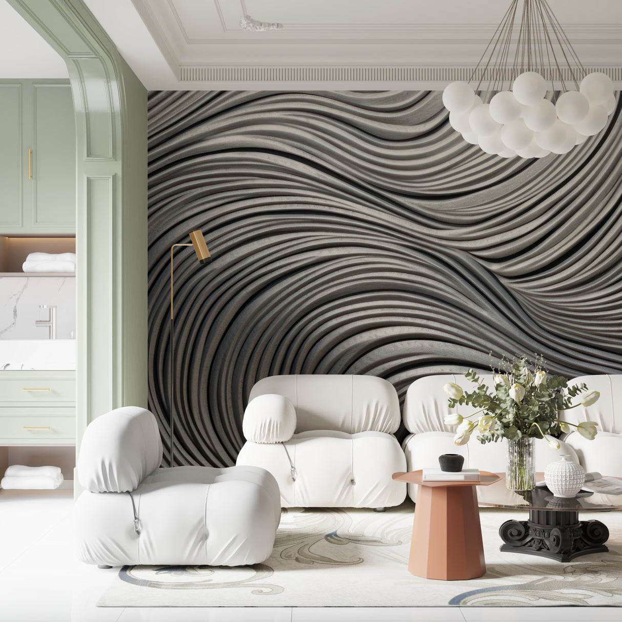Hallway with modern 3D wave pattern wallpaper adding visual interest