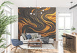 Modern 3D abstract wallpaper with orange and black swirls creating depth in a minimalist living room