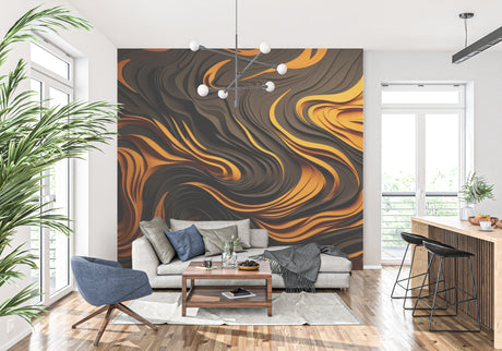 Modern 3D abstract wallpaper with orange and black swirls creating depth in a minimalist living room