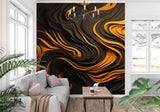 Geometric 3D wallpaper with black and orange swirls in an art gallery setting