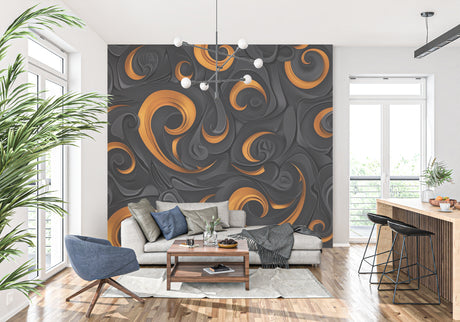 Modern living room featuring Abstract 3D Swirls Wallpaper in black and orange, creating a bold focal point